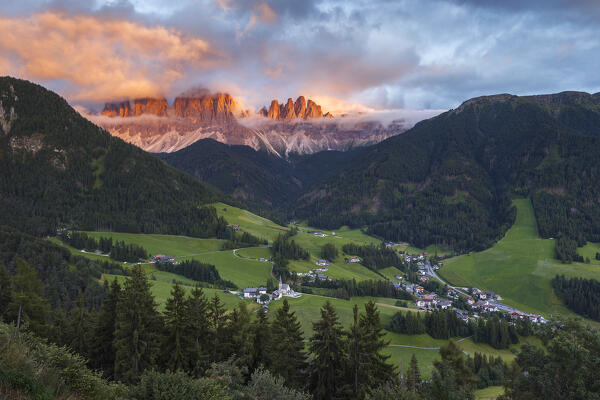 Sunset on Funes valley (val di Funes) in a summer time, Odle Dolomites, Santa Magdalena, Bolzano province, South Tyrol, Trentino alto adige, Italy, Europe