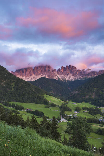 Sunset on Funes valley (val di Funes) in a summer time, Odle Dolomites, Santa Magdalena, Bolzano province, South Tyrol, Trentino alto adige, Italy, Europe