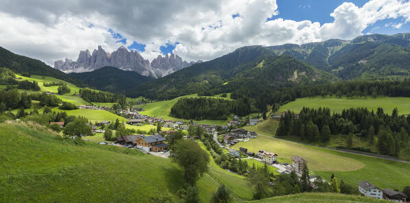 A view of Santa Magdalena village in a summer time, Funes valley (val di Funes), Odle Dolomites, Bolzano province, South Tyrol, Trentino alto adige, Italy, Europe