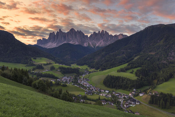 Sunrise on Funes valley (val di Funes) and Santa Magdalena village, Odle Dolomites, Bolzano province, South Tyrol, Trentino alto adige, Italy, Europe