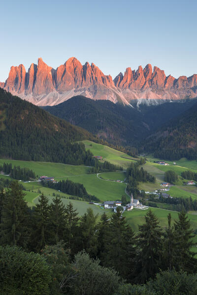 Sunset on Funes valley (val di Funes) in a summer time, enrosadira on Odle Dolomites, Santa Magdalena village, Bolzano province, South Tyrol, Trentino alto adige, Italy, Europe