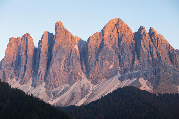 Sunset with enrosadira on Odle Dolomites (Wasserkofel, Odla di Valdussa, Furchetta, Sass Rigais), Funes valley (val di Funes), Bolzano province, South Tyrol, Trentino alto adige, Italy, Europe