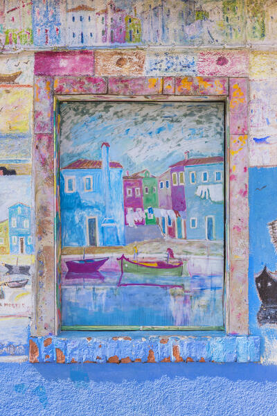 Drawings on a window, Burano island, Venice, Veneto, Italy, Europe