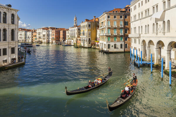 Gondoliers on Grand Canal (Canal Grande), a view from Rialto Bridge (Ponte di Rialto). Venice, Veneto, Italy, Europe