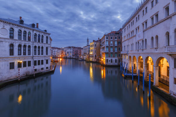 Dawn on Grand Canal (Canal Grande) from Rialto Bridge (Ponte di Rialto). Venice, Veneto, Italy, Europe
