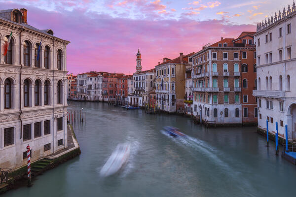 Sunrise on Grand Canal (Canal Grande) from Rialto Bridge (Ponte di Rialto). Venice, Veneto, Italy, Europe