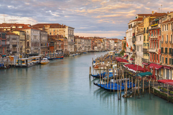 Sunrise on Grand Canal (Canal Grande) from Rialto Bridge (Ponte di Rialto). Venice, Veneto, Italy, Europe