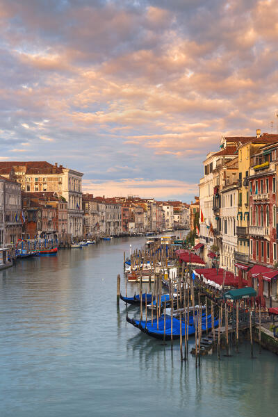 Sunrise on Grand Canal (Canal Grande) from Rialto Bridge (Ponte di Rialto). Venice, Veneto, Italy, Europe