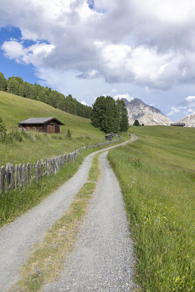 Typical chalet near the Passo delle Erbe road, in the background the Sass de Putia (Peitlerkofel), Dolomites