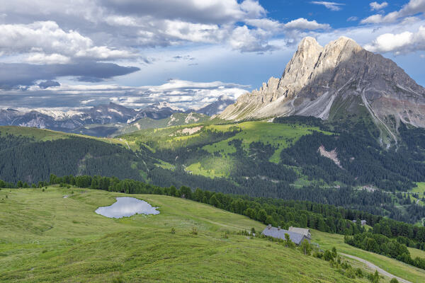 Europe, Italy, South Tyrol, Bolzano. View of Sass de Putia and the Wackerer lake, Dolomites