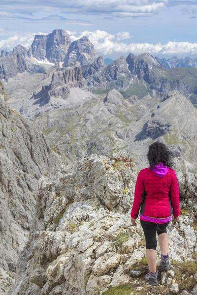 View from Rifugio Lagazuoi, Falzarego Pass, Cortina d'Ampezzo, Dolomiti, Dolomites, Belluno Province, Veneto District, Italy