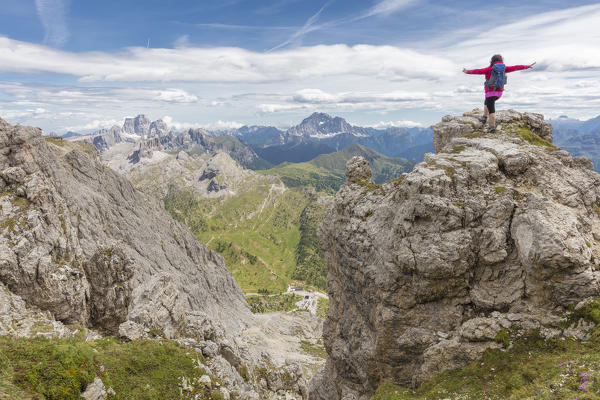 View from Rifugio Lagazuoi, Falzarego Pass, Cortina d'Ampezzo, Dolomiti, Dolomites, Belluno Province, Veneto District, Italy