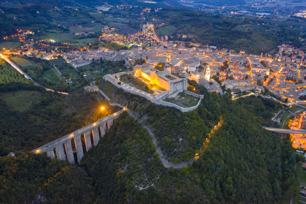 Aerial view of Spoleto at dusk. Spoleto, Perugia province, Umbria, Italy, Europe