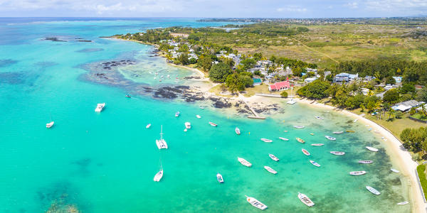 Aerial view of Notre Dame Auxiliatrice church and Malheureuxbay. Cap Malheureux, Riviere du Rempart, Mauritius, Africa