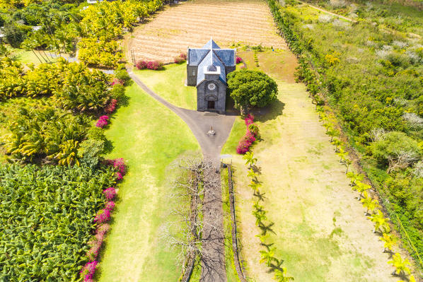 Aerial view of Notre Dame a la Salette church, Pamplemousses district, Mauritius, Africa