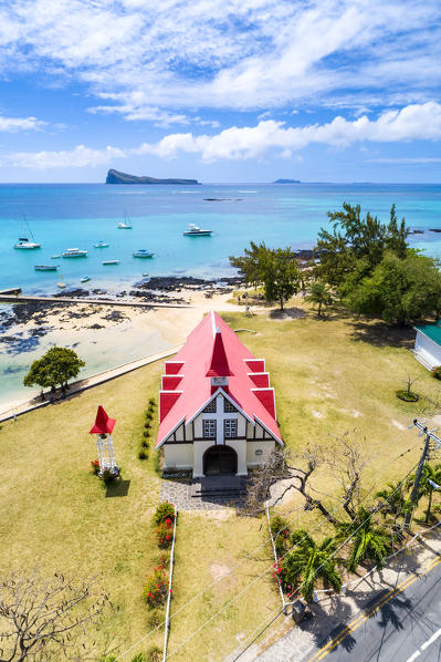 Aerial view of Notre Dame Auxiliatrice church, Cap Malheureux, Riviere du Rempart, Mauritius, Africa