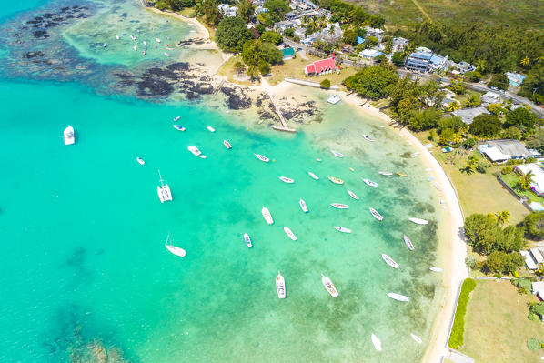Aerial view of Notre Dame Auxiliatrice church and Malheureuxbay. Cap Malheureux, Riviere du Rempart, Mauritius, Africa