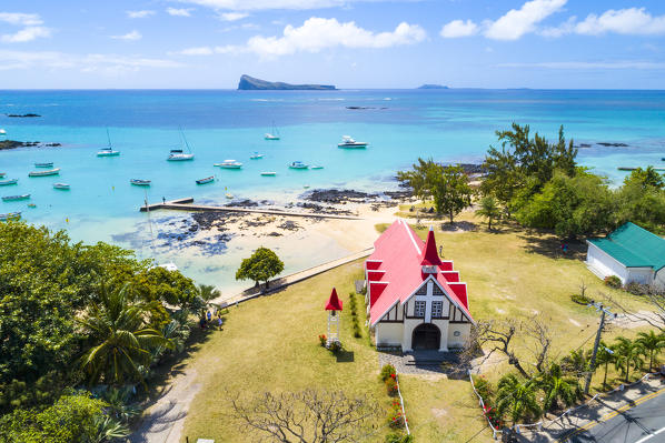 Aerial view of Notre Dame Auxiliatrice church, Cap Malheureux, Riviere du Rempart, Mauritius, Africa