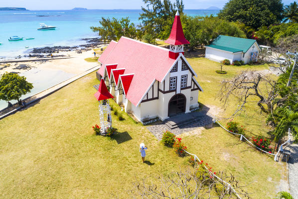 Aerial view of Notre Dame Auxiliatrice church, Cap Malheureux, Riviere du Rempart, Mauritius, Africa