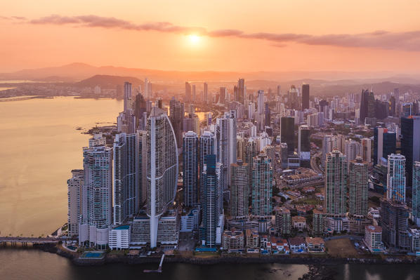 Aerial view of Panama City skyscrapers at sunset. Panama City, Panama, Central America