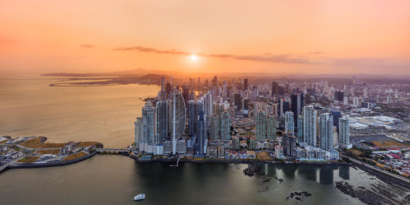 Aerial view of Panama City skyscrapers at sunset. Panama City, Panama, Central America