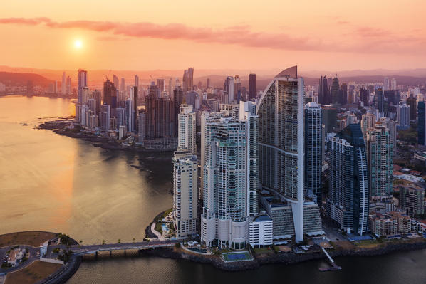 Aerial view of Panama City skyscrapers at sunset. Panama City, Panama, Central America