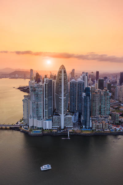Aerial view of Panama City skyscrapers at sunset. Panama City, Panama, Central America