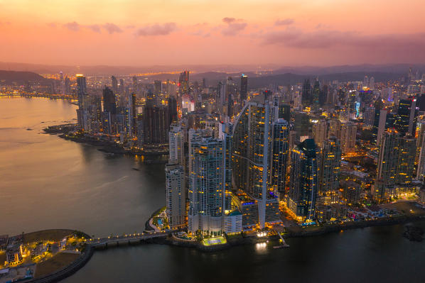 Aerial view of Panama City skyscrapers at dusk. Panama City, Panama, Central America