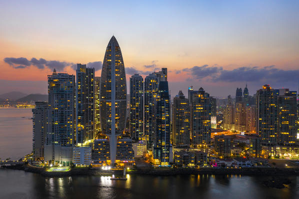 Aerial view of Panama City skyscrapers at dusk. Panama City, Panama, Central America