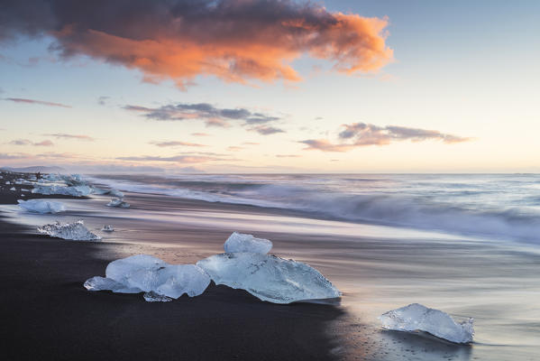 Jokulsarlon glacier lagoon, East Iceland. Blocks of ice on the black beach