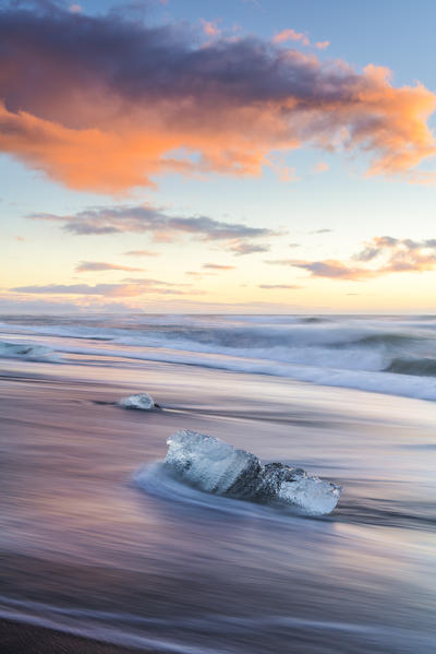 Jokulsarlon glacier lagoon, East Iceland. Blocks of ice on the black beach