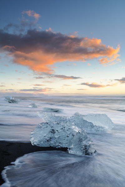 Jokulsarlon glacier lagoon, East Iceland. Blocks of ice on the black beach
