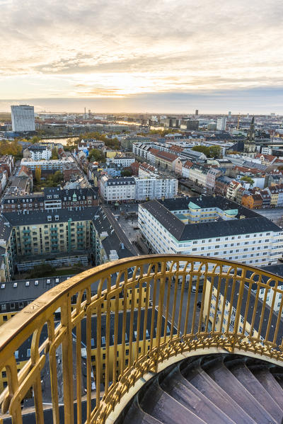 Copenhagen, Hovedstaden, Denmark, Northern Europe. High angle view of Copenhagen old town from the top of the Church of Our Saviour.