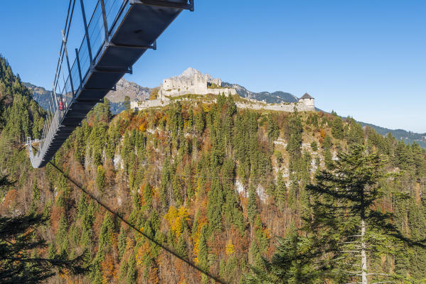Reutte, Tyrol, Austria, Europe. Ehrenberg Castle and the Highline 179, the world’s longest pedestrian suspension bridge.