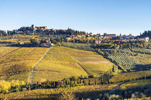 Panzano in Chianti, Florence, Tuscany, Italy. Panzano village at sunrise
