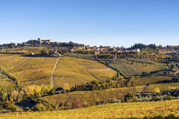 Panzano in Chianti, Florence, Tuscany, Italy. Panzano village at sunrise