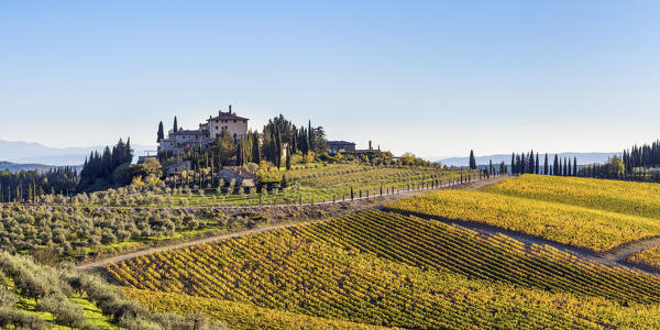 Farmhouse surrounded by vineyards. Gaiole in Chianti, Siena province, Tuscany, Italy.