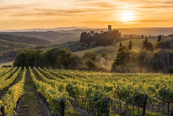 Badia a Passignano at sunset. Tavernelle Val di Pesa, Florence province, Tuscany, Italy