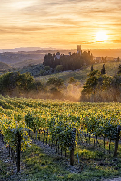Badia a Passignano at sunset. Tavernelle Val di Pesa, Florence province, Tuscany, Italy
