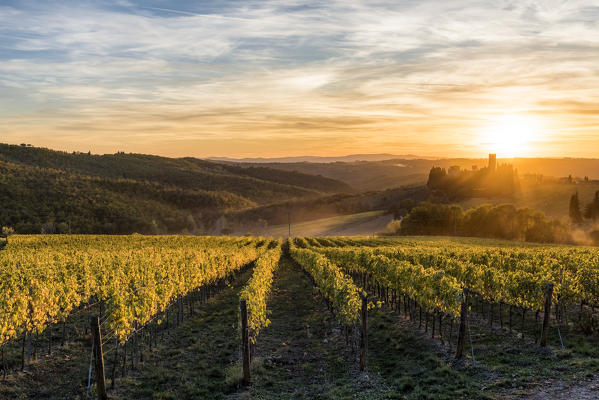 Badia a Passignano at sunset. Tavernelle Val di Pesa, Florence province, Tuscany, Italy