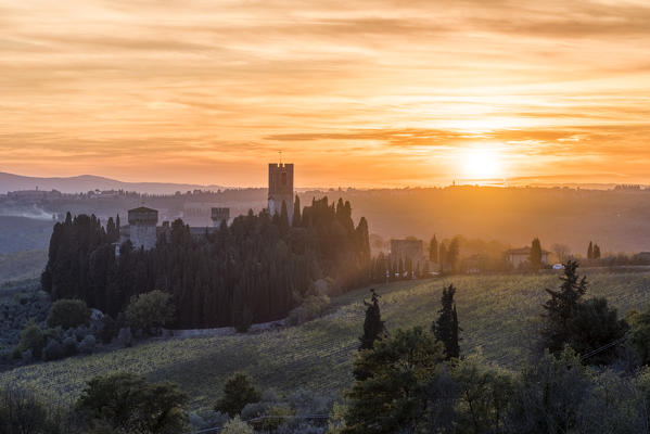 Badia a Passignano at sunset. Tavernelle Val di Pesa, Florence province, Tuscany, Italy