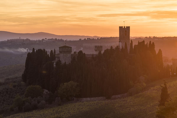Badia a Passignano at sunset. Tavernelle Val di Pesa, Florence province, Tuscany, Italy