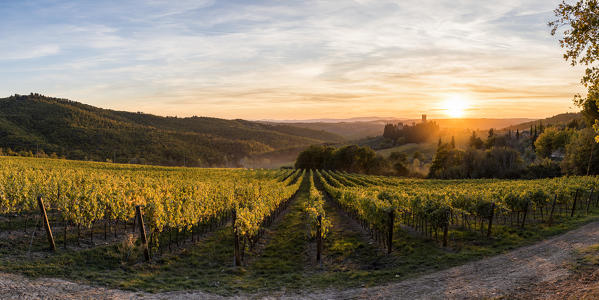 Badia a Passignano at sunset. Tavernelle Val di Pesa, Florence province, Tuscany, Italy