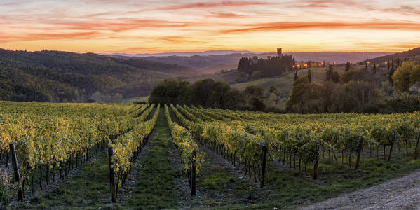 Badia a Passignano at sunset. Tavernelle Val di Pesa, Florence province, Tuscany, Italy