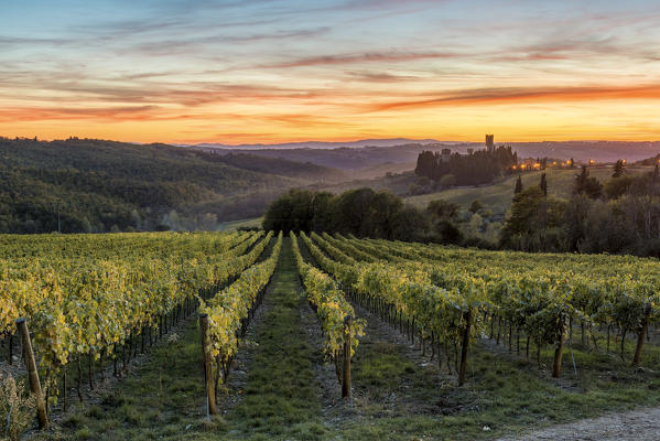 Badia a Passignano at sunset. Tavernelle Val di Pesa, Florence province, Tuscany, Italy