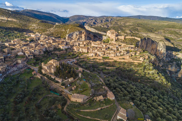 Aerial view of Alquezar village at sunset. Alquezar, Huesca, Aragon, Spain, Europe