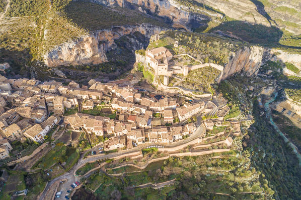 Aerial view of Alquezar village at sunset. Alquezar, Huesca, Aragon, Spain, Europe