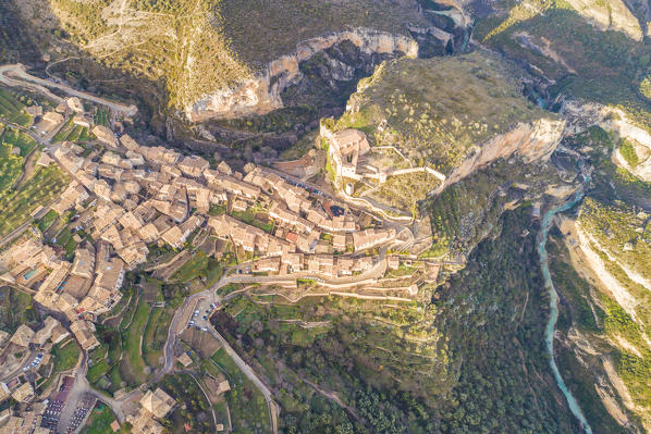 Aerial view of Alquezar village at sunset. Alquezar, Huesca, Aragon, Spain, Europe