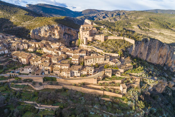 Aerial view of Alquezar village at sunset. Alquezar, Huesca, Aragon, Spain, Europe