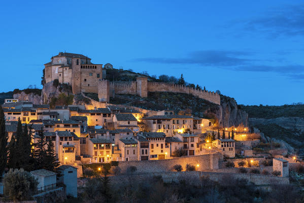 Alquezar village and Colegiata de Santa María la Mayor at dusk. Alquezar, Huesca, Spain, Europe
